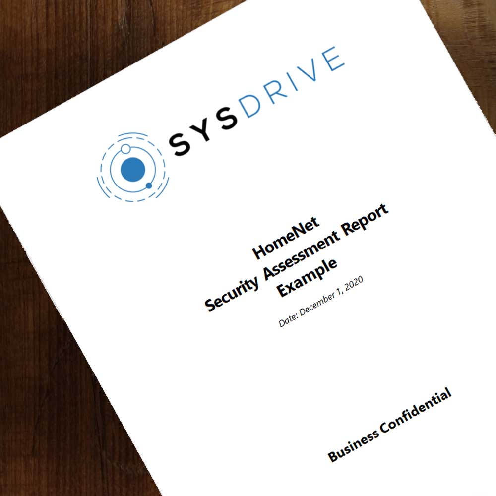 HomeNet_Example_Scan_Report_brochure_table - SysDrive HomeNet Security Assessment Report Example on a Table